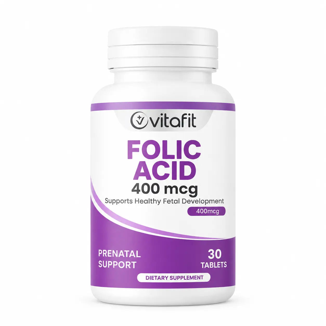 A bottle of vitafit Folic Acid 400 mcg dietary supplement, 30 tablets, with a purple and white label and a white cap, shown on a light gray background.