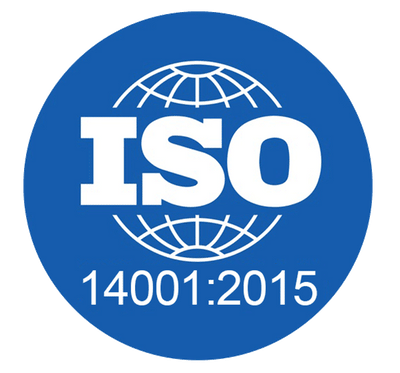 ISO 14001:2015 certification badge in blue and white, featuring a globe graphic and the large text 'ISO' and '14001:2015'.