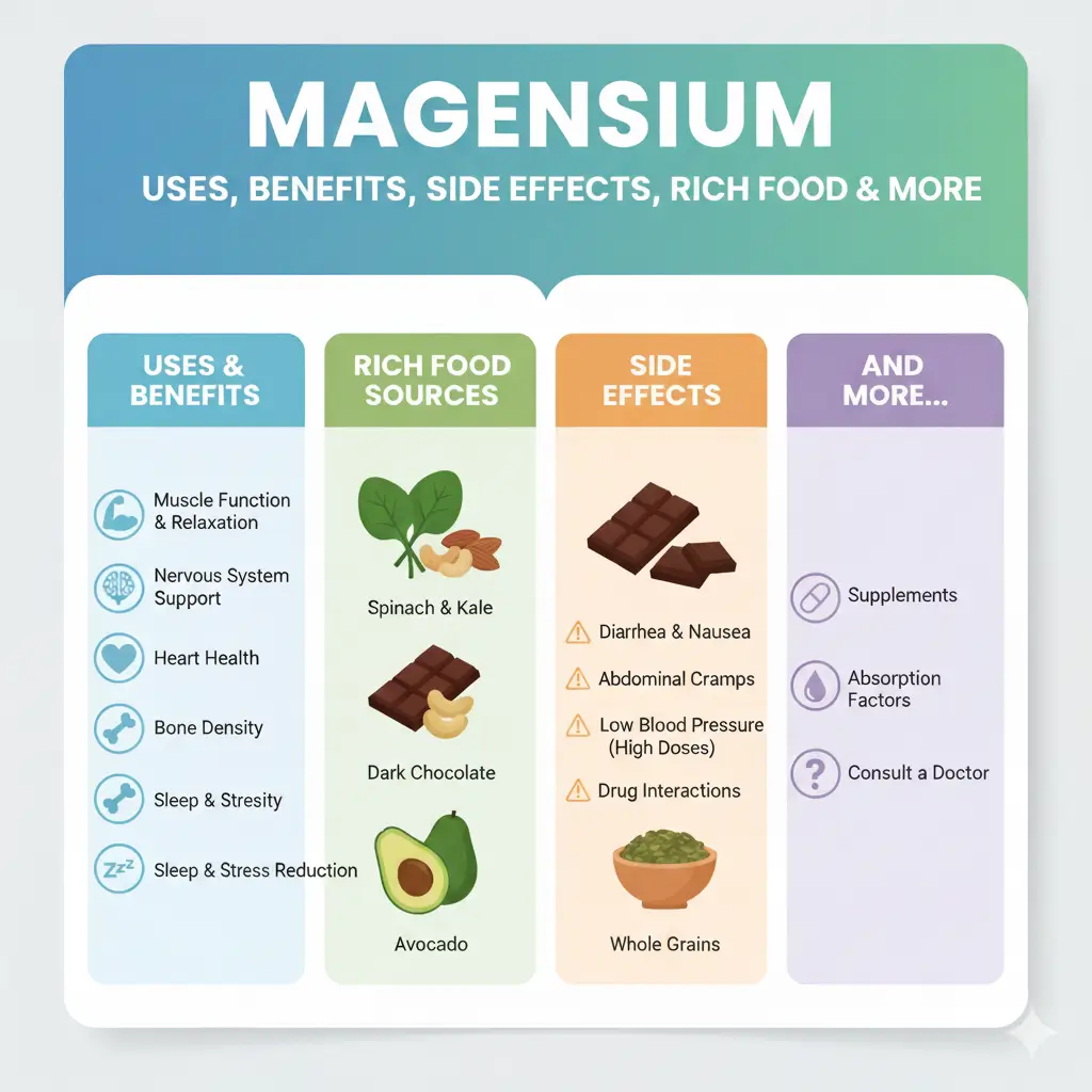 Magnesium Uses, Benefits, Side Effects, Rich Food & More